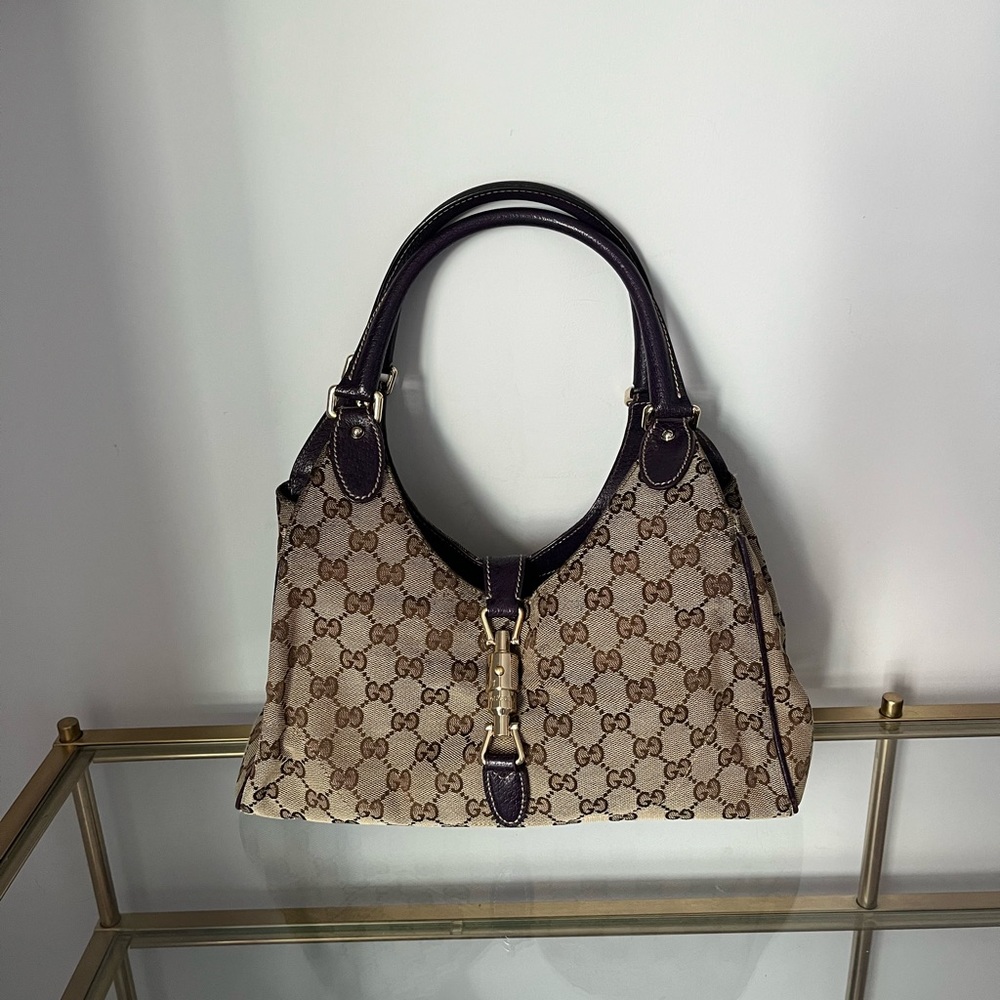 Gucci Brown Monogram Canvas Shoulder Bag with Dark Brown Leather Trim